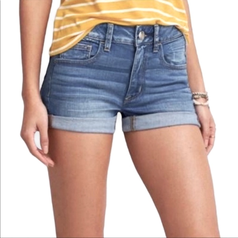 AMERICAN EAGLE OUTFITTERS BLUE DENIM JEAN CUTOFF SUPER STRETCH SHORTS 8